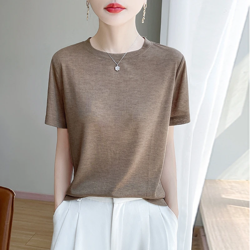 

2024 New Lace Summer Lace Short Sleeve Satin Hollow Solid Color V-neck Loose Thin Top