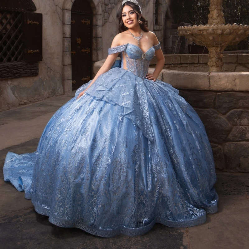 

Sky Blue Shiny Quinceanera Dresses Off The Shoulder Sequin Applique Lace Beads Bow Tull Corset Party Birthday Sweet 16 Dres