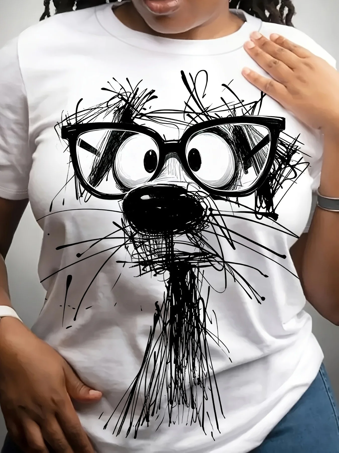 Abstract Glasses Wearing Dog Line Art Printing Black and White Sketch Design  Machine Washable Casual Clothing Pattern Top