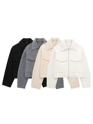 TRAFZA Women Vintage Casual Chic Solid Jackets Turn-down Collar Pockets Zipper Long Sleeve Coats Female Fashion 2024 Spring Coat