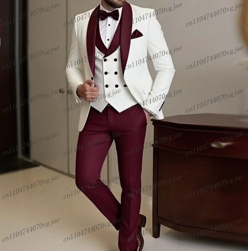 

Formal Burgundy And White Men Suit Wedding Party Groom Business Male Tuxedos Customized 3 Piece Set Jacket Vest Pants