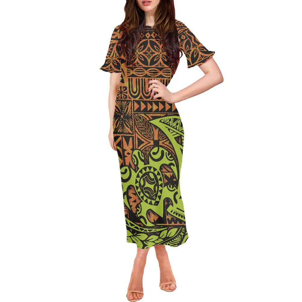 

Women Maxi Dress Polynesian Traditional Tribal Print O-neck Short Sleeve Dress Sea Turtle Pattern Elegant Casual Dresses