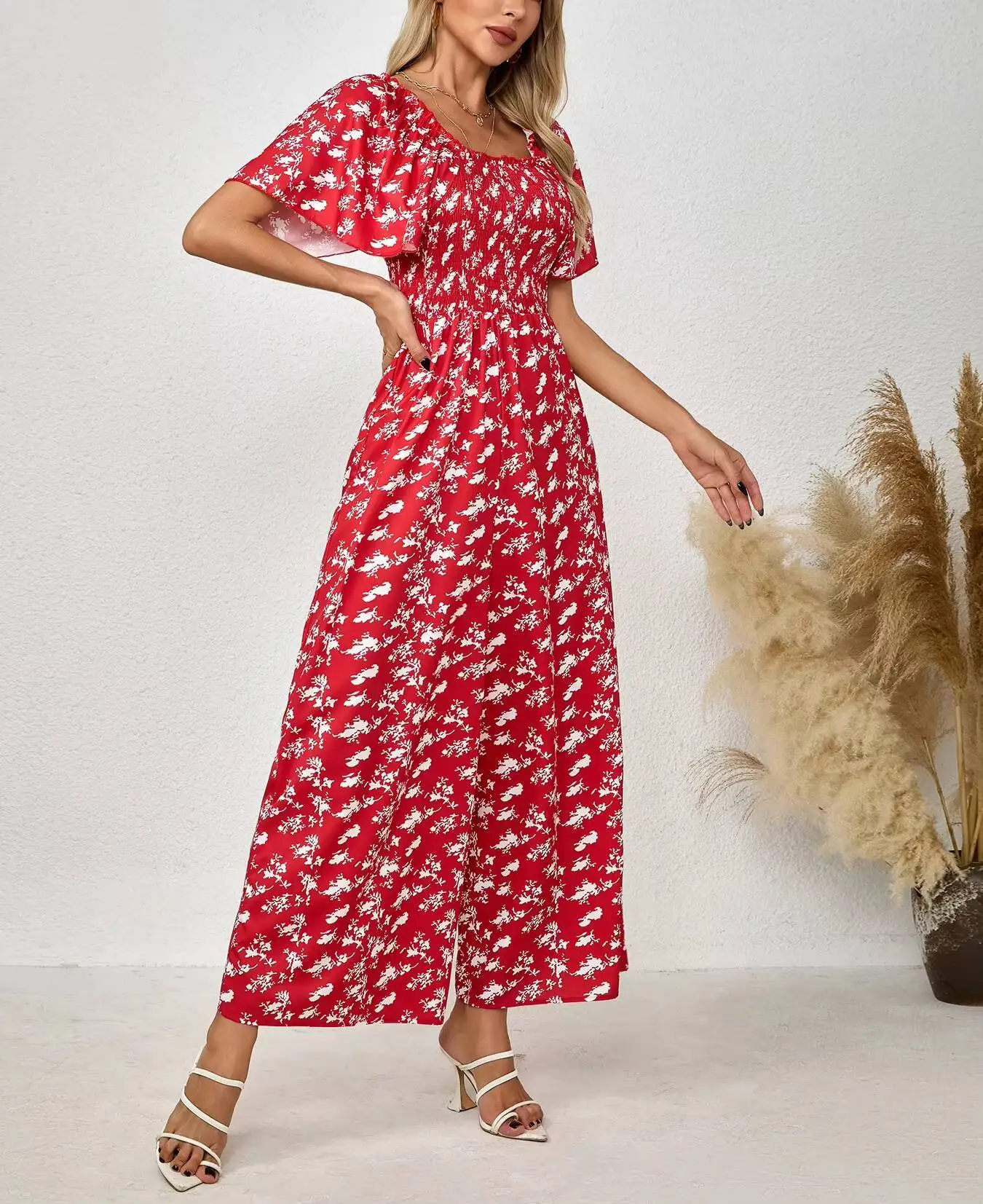 Women's Red Jumpsuit Floral Print Square Neck Flutter Sleeve Smocked Waist Wide Leg Spring Summer Party Casual Vacation Romper view 5