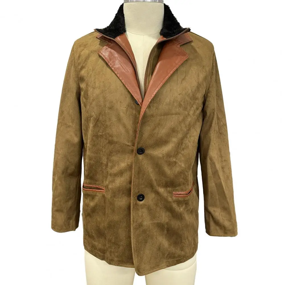 Chaqueta de invierno de retazos Retro de dos piezas con Bolsillos falsos, cárdigan de un solo pecho, manga larga, abrigo grueso de felpa de talla grande para hombre