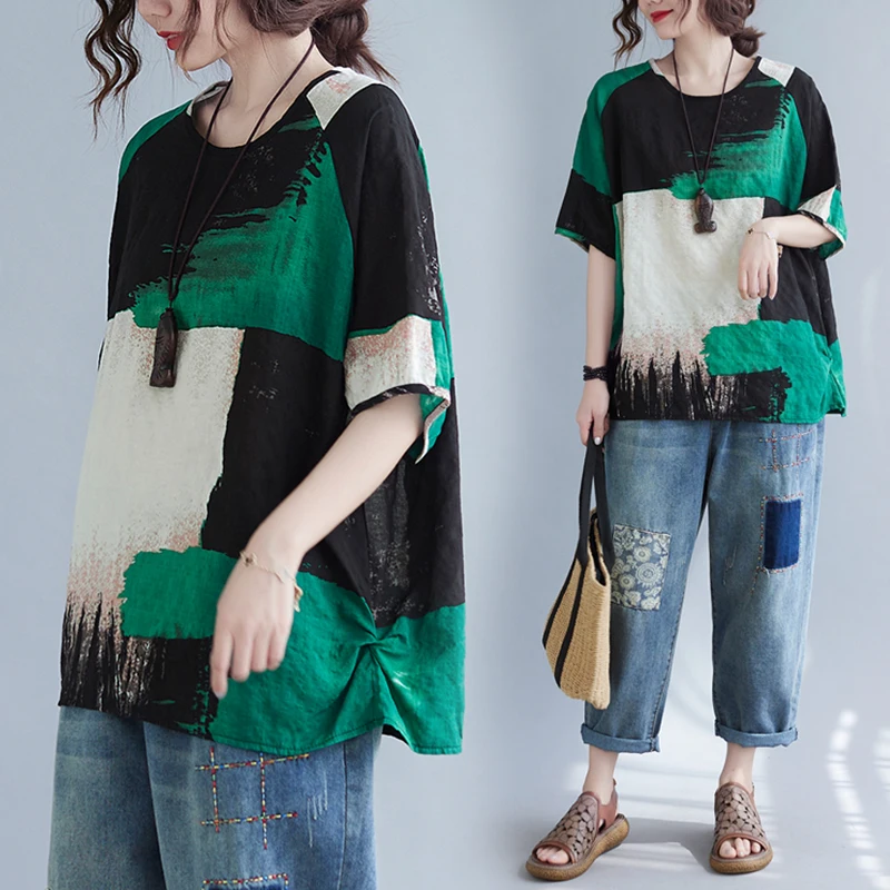 

Doodle Patchwork Cotton Linen T-irt plus Size Women's round Ne ort Sve Belly Covering Anti-Aging Linen Top Summer