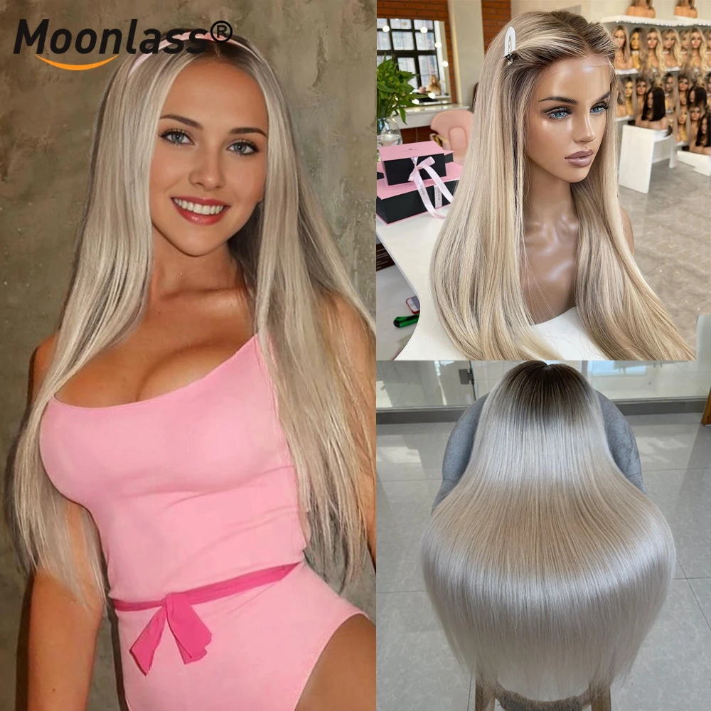 Ombre Cream Blonde Colored 13X4 Lace Front Wig Straight Human Hair Transparent Grey Ash 13X6 Lace Frontal Wigs Preplucked