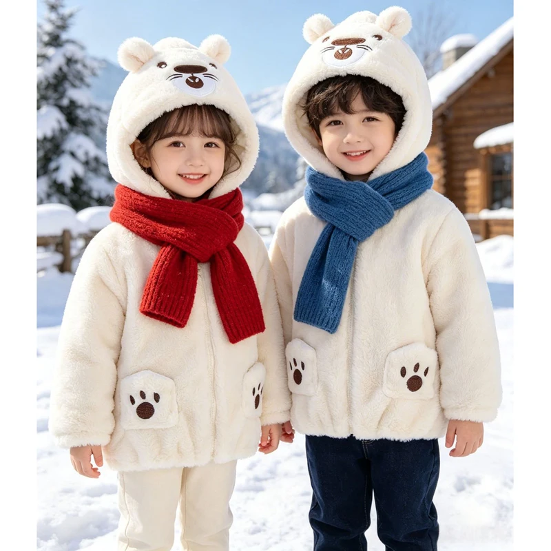 Fake Fur Girls Jacket 2026 Autumn Winter Cartoon Bear Print Lining Plush Thick Hooded Coats For 1-6Y Boys Warm Zipper Outerwear