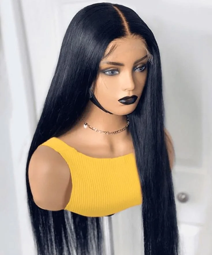 สีดําธรรมชาติ 180 ความหนาแน่น 26 นิ้ว Glueless ยาว Silky ตรงลึกลูกไม้ด้านหน้าวิกผมสําหรับผู้หญิงที่มีผมเด็กก่อน Plucked ทุกวัน