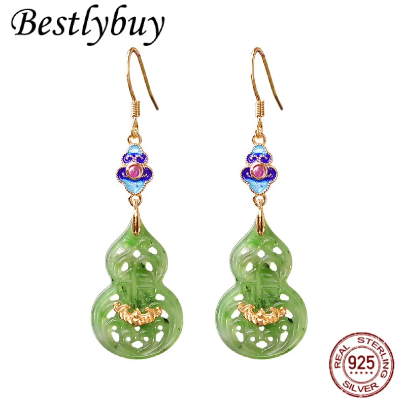 

Древние серьги из натурального нефрита в форме тыквы, серебро S925, позолоченные, с женскими висячими серьгами в этническом стиле