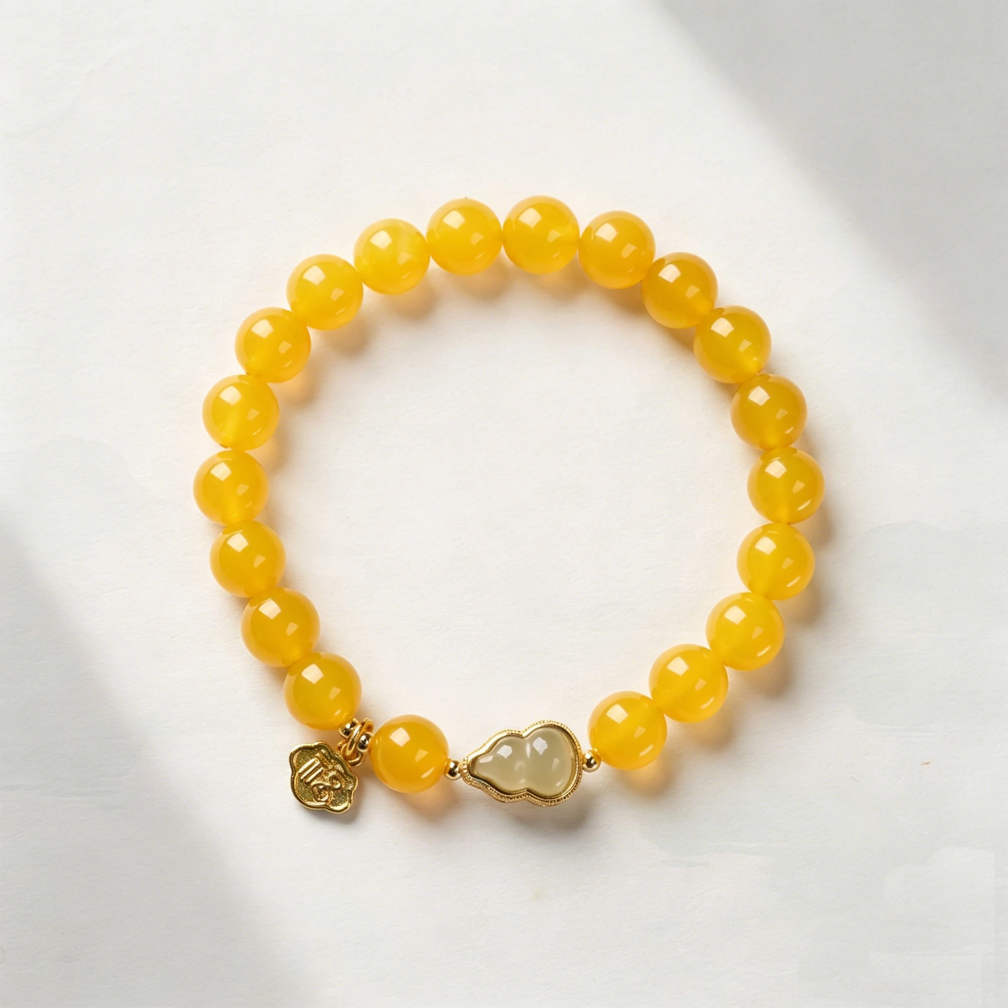 

8mm Natural Yellow Agate & Hetian Jade Beaded Bracelet for Women Vintage Lucky Gourd Charm Hand String Fine Jewelry Accessories