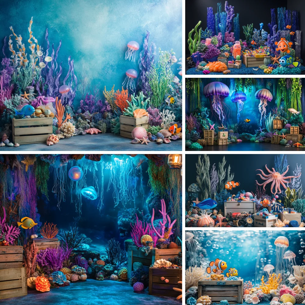 

Underwater World Backdrop Seabed Shark Ocean Undersea Fish Coral Aquarium Baby Birthday Photography Background Decor Studio Prop
