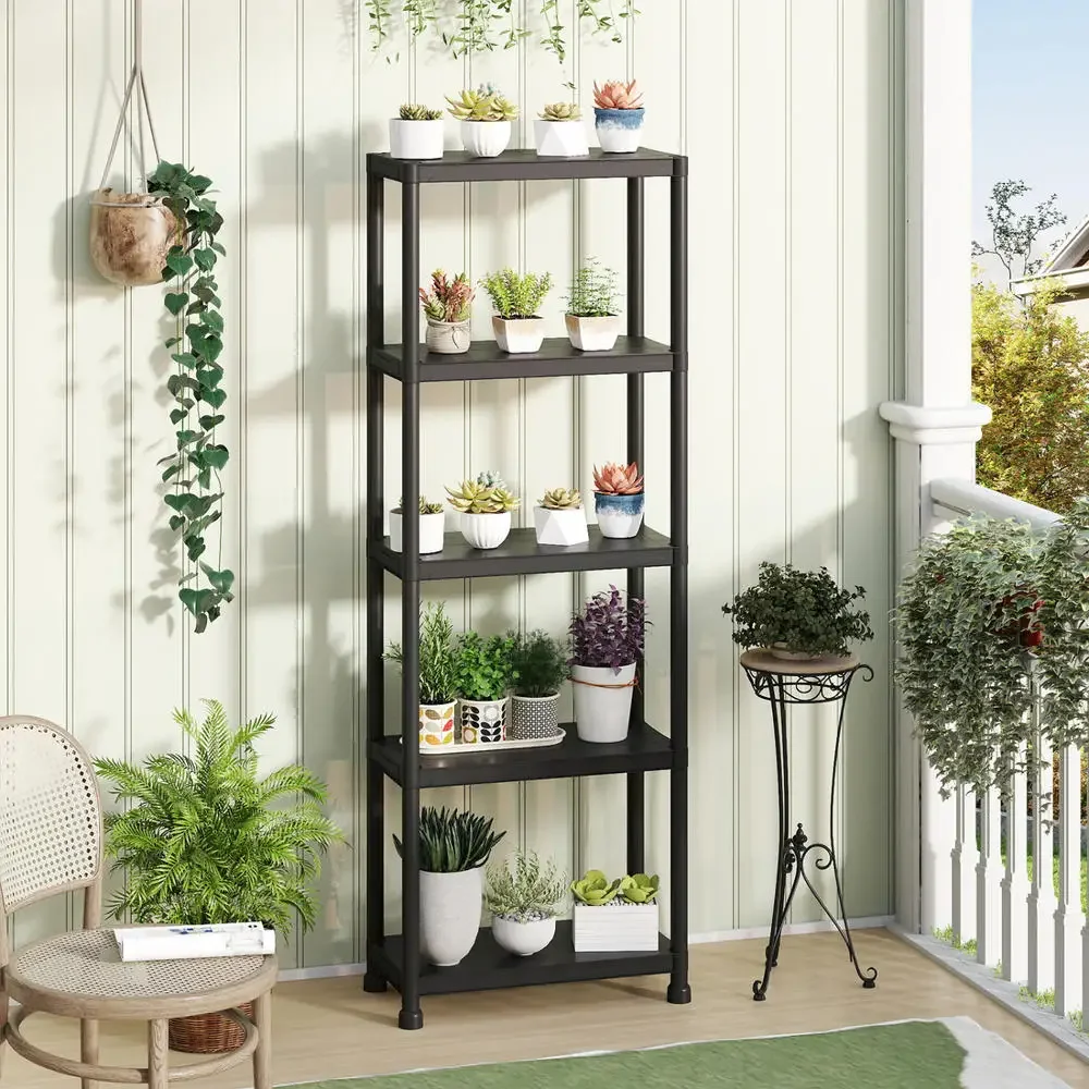 5 Tier Heavy Duty Plastic Storage Shelves, Freestanding Garage Shelving Unit With Anti-Toppling Devices, Tool-Free Assembly For Pantry Basement Kitchen Laundry Room