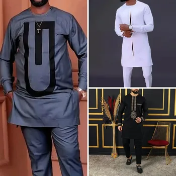 Nuevo en traje africano de manga corta para hombres de negocios de verano, conjunto de pantalones y camisa Dashiki bordado, trajes de 2 piezas para fiesta de boda 2024