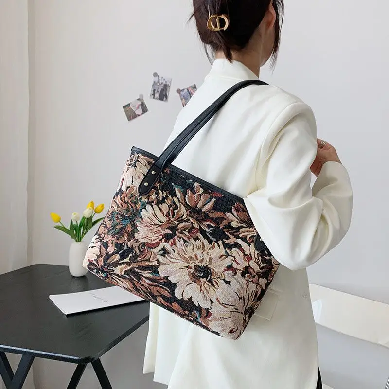 Tote Bag for Women Handbags Luxury Designer Canvas Bags Flower Shoulder Bag Zipper Shopper Large Capacity School Work Handbag