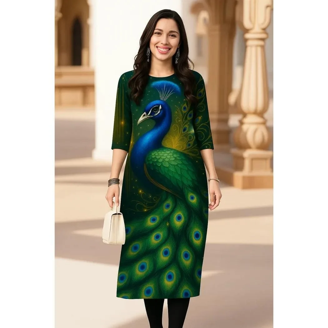 Muzułmańska Kurtta Damska Moda Wygodna Sukienka Prosta Krój Casual Etniczny Paw Muzułmańska Kurtta Turecka Abaja