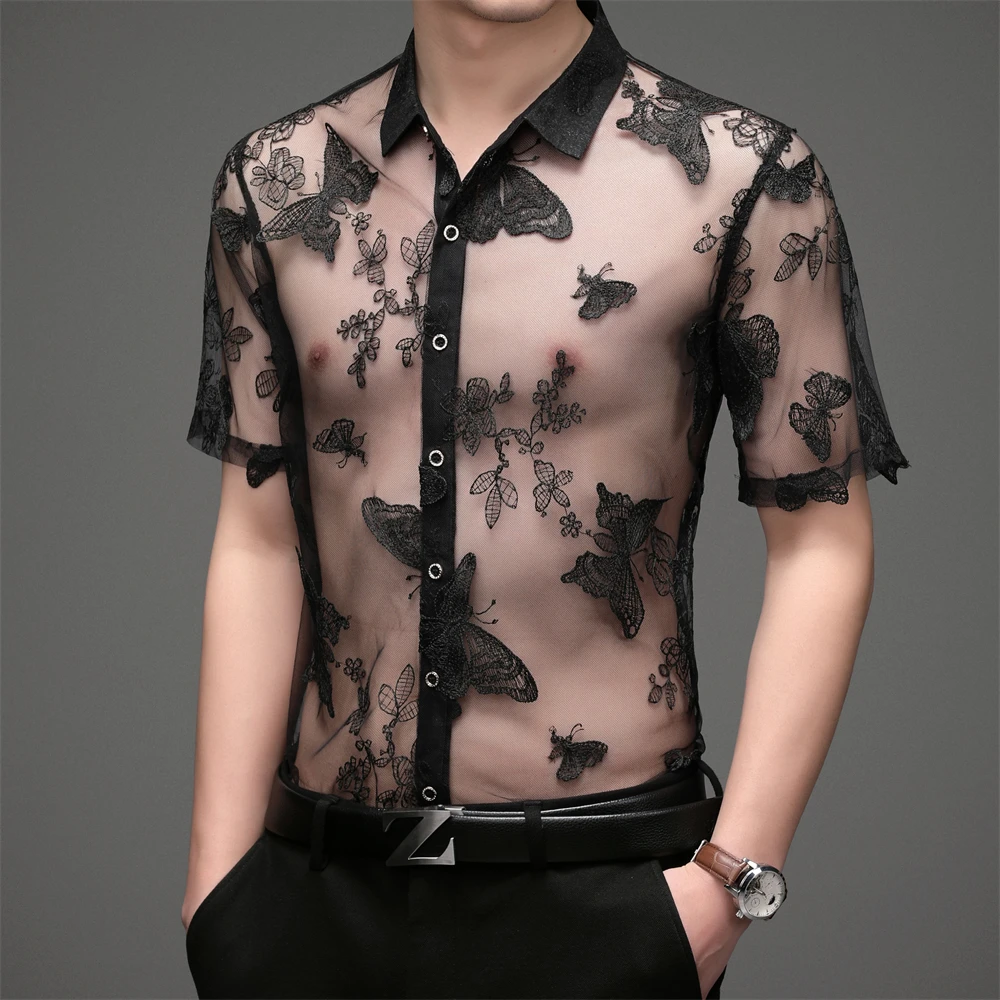 Transparent Hollow Breathable Men Shirt Short Sleeve Streetwear Summer Quality Fashion Casual Embroidery Butterfly Chemise Homme