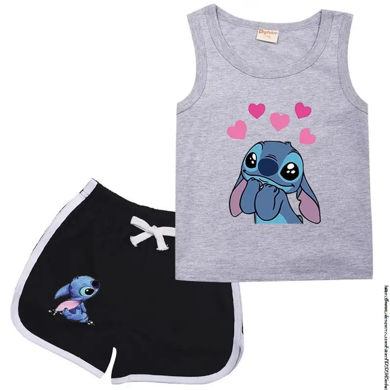 Disney Stitch abbigliamento sportivo vestito bambini moda tempo libero senza maniche ragazze gilet + t-shirt 2 pezzi set bambini primavera estate