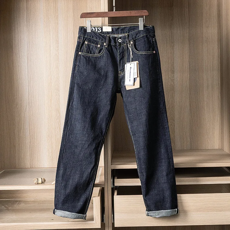 

15oz Japanese Raw Blue Selvedge Denim Washed Jeans for Men Amekaji Vintage Casual Pants 100% Cotton Loose Straight-Leg Trousers