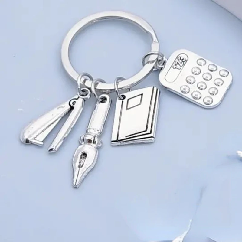 Teacher Themed Set with Apple Ruler Compass Book Charms Preppy Style Alloy Keyring Creative Gift Students Unplated Precious