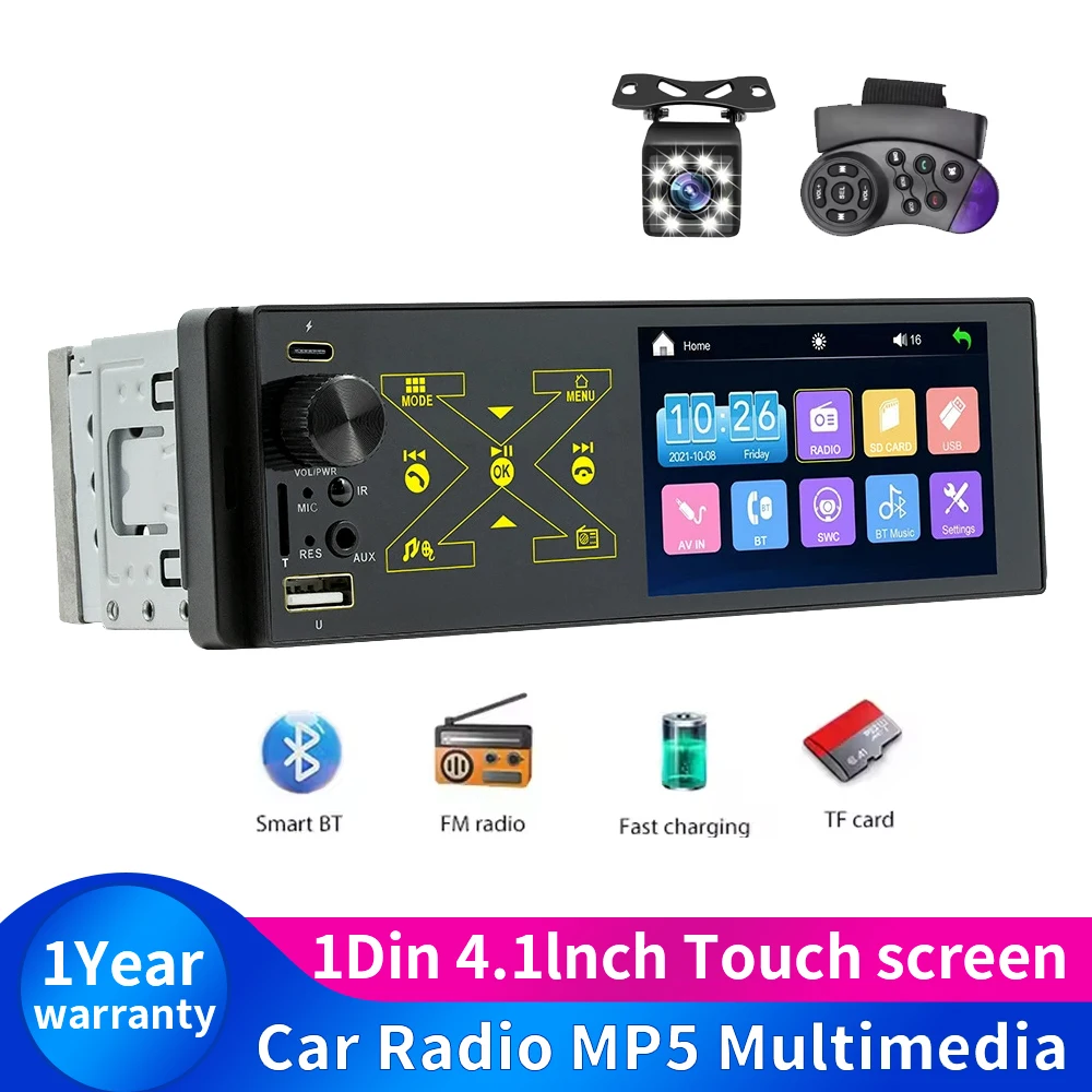 

1Din 4.1Inch Car Radio MP5 Multimedia Player 60W*4 Universal Bluetooth Reversing Camera Touch Screen AUX Input Type-C Charging