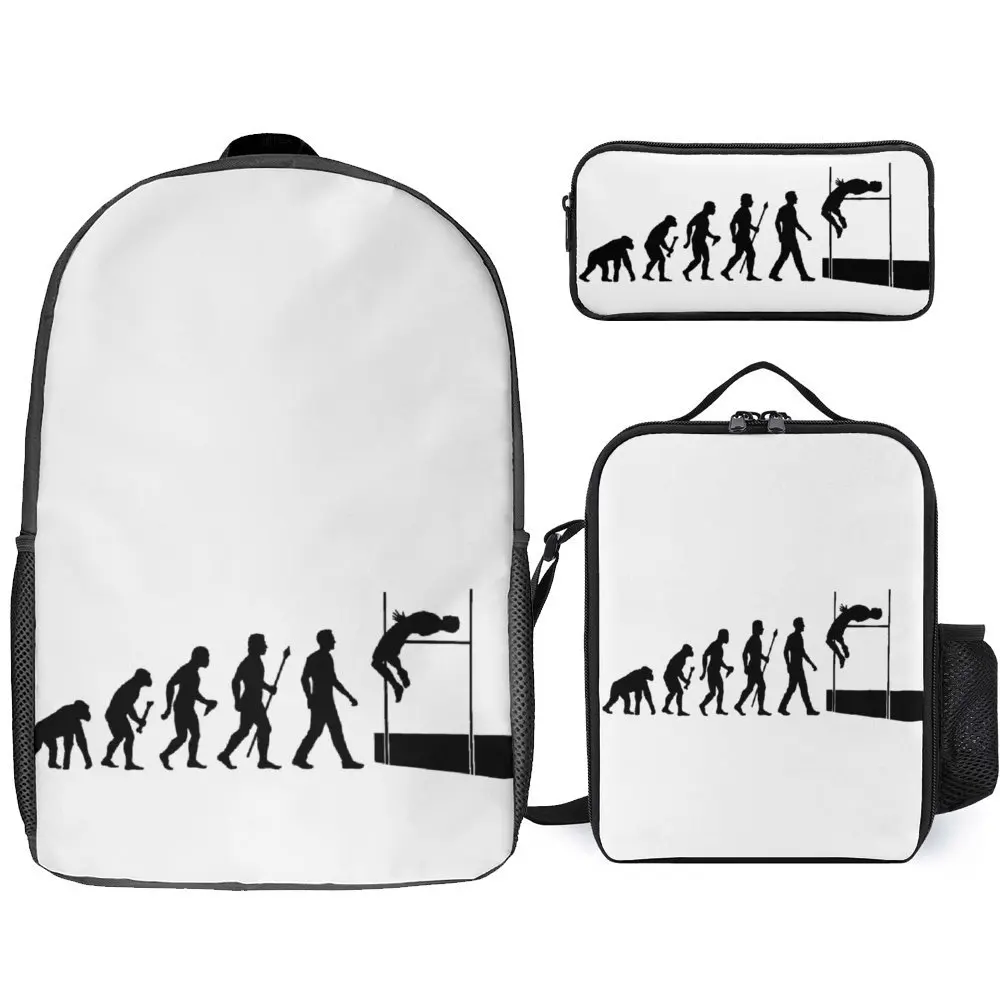 

3 in 1 Set 17 Inch Backpack Lunch Bag Pen Bag Funny High Jump Evolution Essential For Durable Field Pack Cozy Sports Activities