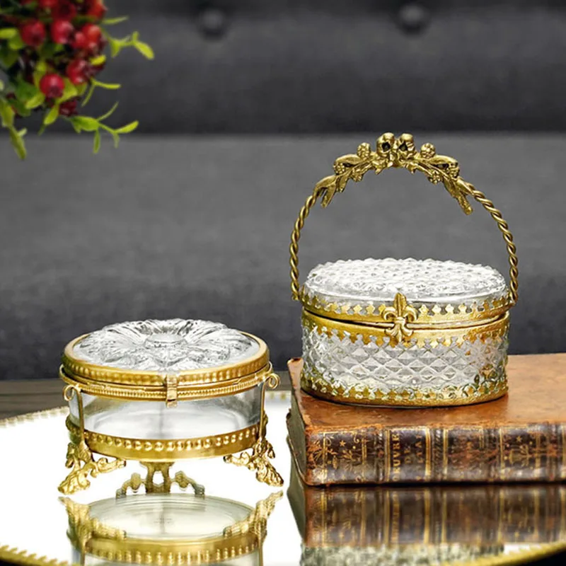 For Vintage Brass Glass Jewelry Box, Handmade Copper Edge Trinket Organizer, European Style