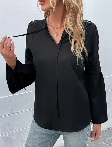 

Осенняя однотонная женская черная лоскутная кружевная рубашка для женщин