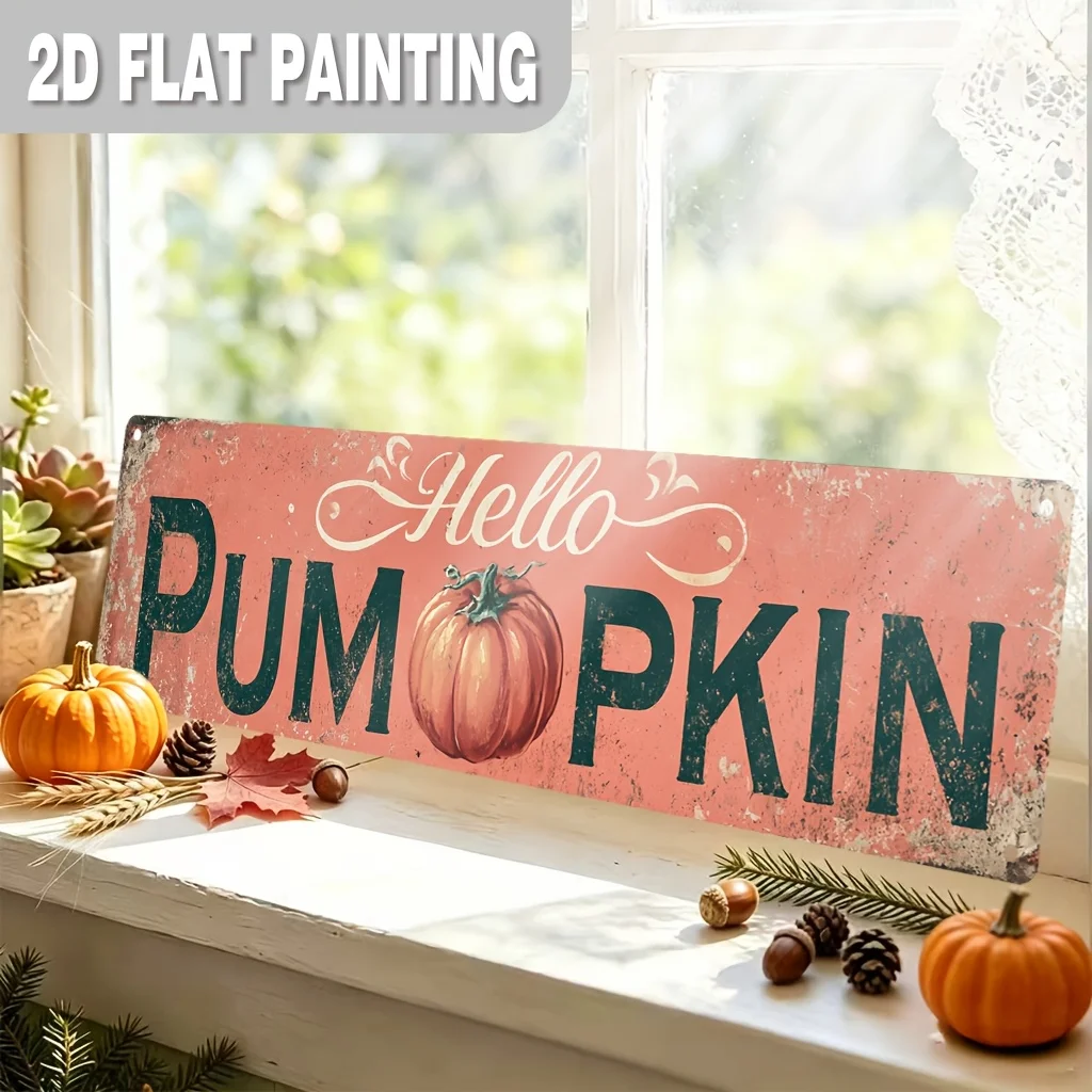 CIFBUY Vintage Fall Metal Sign Hello Pumpkin Autumn Harvest Greeting Wall Decor Waterproof Durable Aluminum Wall Art For Porch