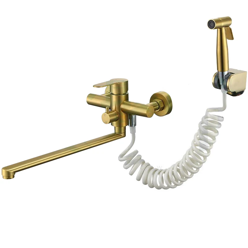 Folding Brushed Gold Bathroom Faucet Wall Mounted Shower Faucet With Bidet Sprayer