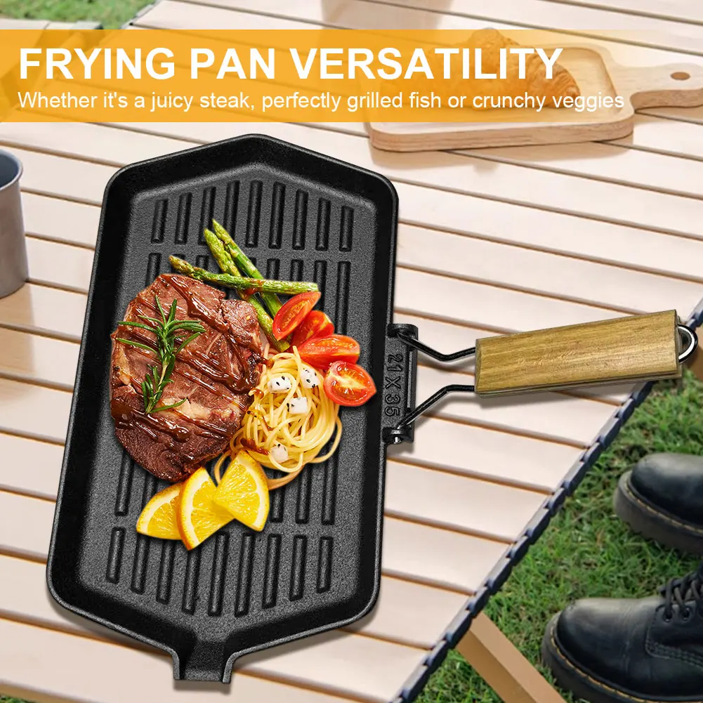 

34X19cm Cast Iron Grill Pan Rectangular Frying Pan with Handle Skillet for Induction Cooker for Hiking Picnic Cooking