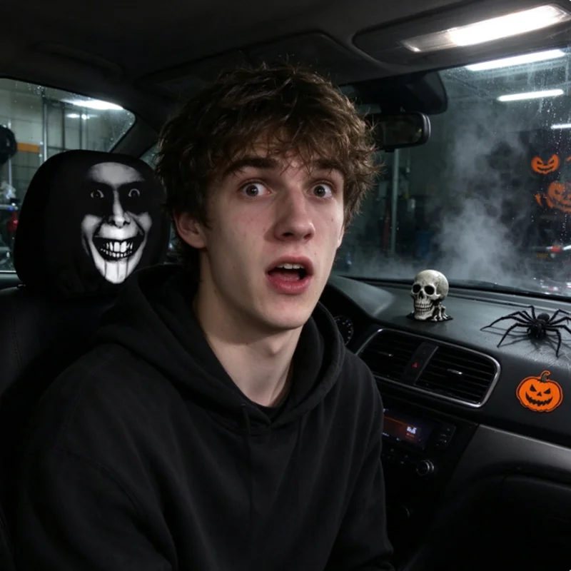 Mockery of black skull headrest cover with car print. General style, elastic type. Funny and interesting car pillow cover.