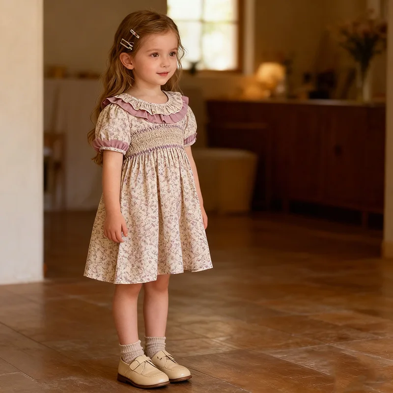 Girls Skirt 2025 Summer New Childrens Wear Korean Style Girl Baby Cute Broken Flower Doll Collar Princess Skirt Casual Simple