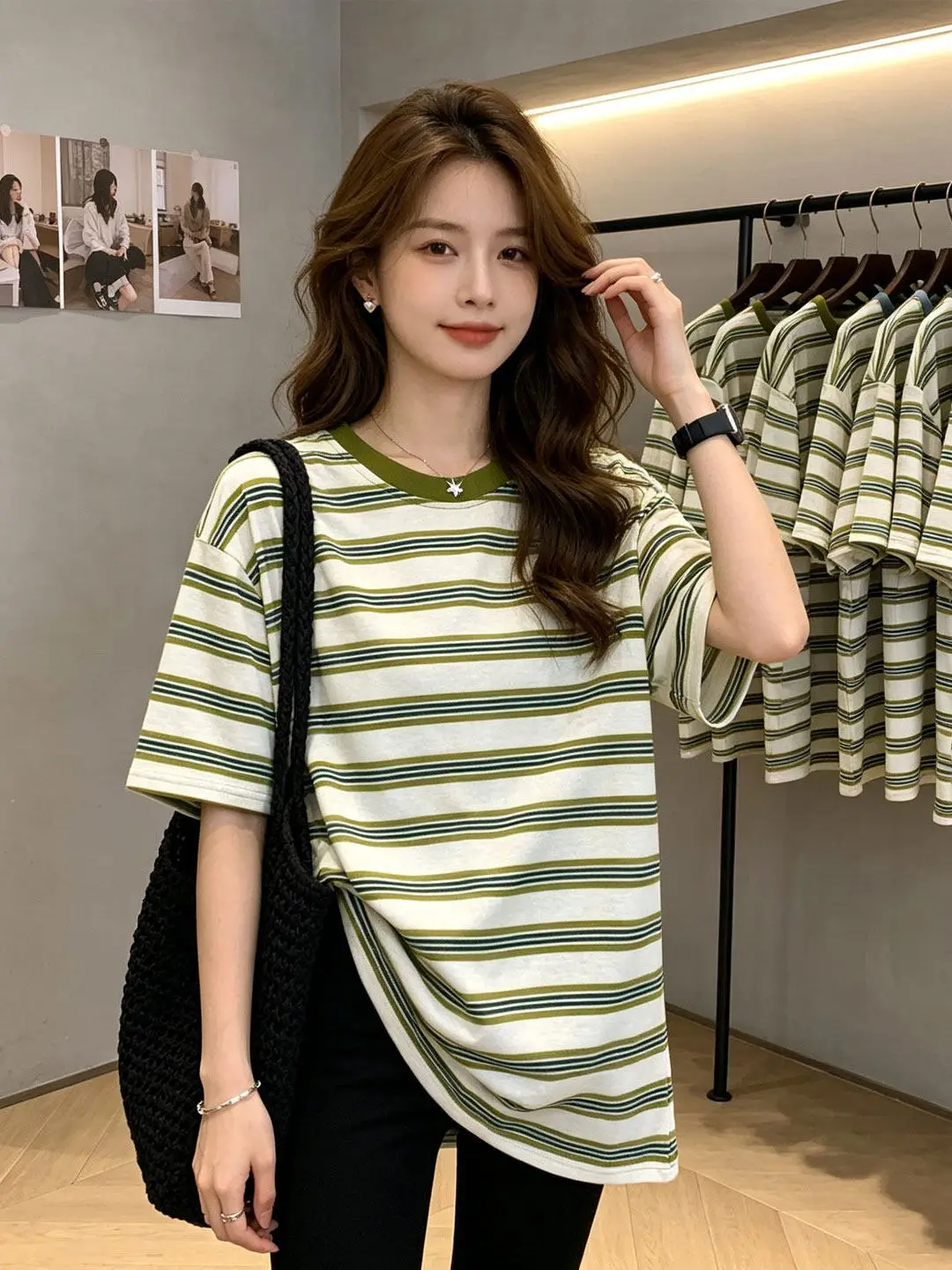 Lazy Stripe Mid-Length Short-Sleeve T-Shirt Women's Summer New Simple Match round Neck Loose Top Cotton Blend Casual Wear