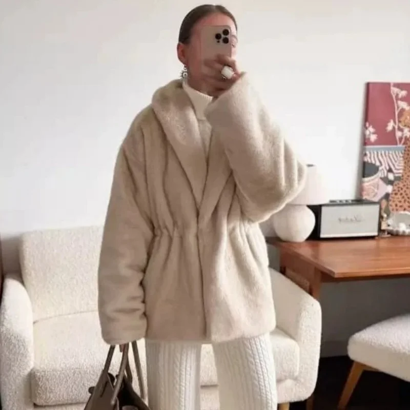 Women Winter Faux Fur Jacket Vintage Thick Warm Loose Mid Long Elegant Shawl Collar Drawstring Chic Fashion Overcoat