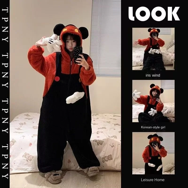 

Mickey Mouse Pajamas Jumpsuits New Cute Cartoon Hooded One-Piece Sleepwear Women Winter Warm Casual Home Loungewear