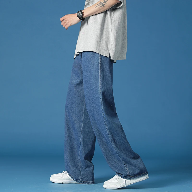 Brand Men's Loose Blue Jeans Korean  Fashion Street Baggy Casual Straight Wide Leg Pants College Students Neutral Black Jeans