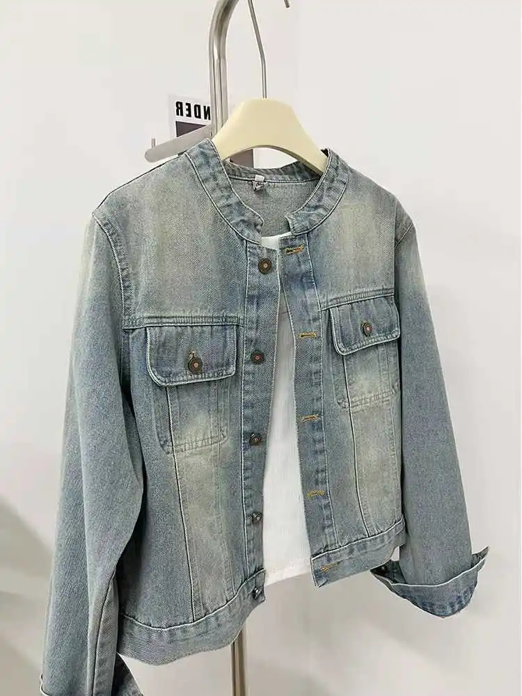 

Casual Round Neck Women's Coat Spring All Match Plus Size Denim Jacket Loose Soild Color Pocket Design Commuting Tops