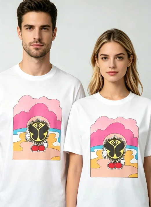 2026 New Black round-neck T-shirt with Happy Kang cartoon sea scene pattern, cotton T-shirt for electronic music festival