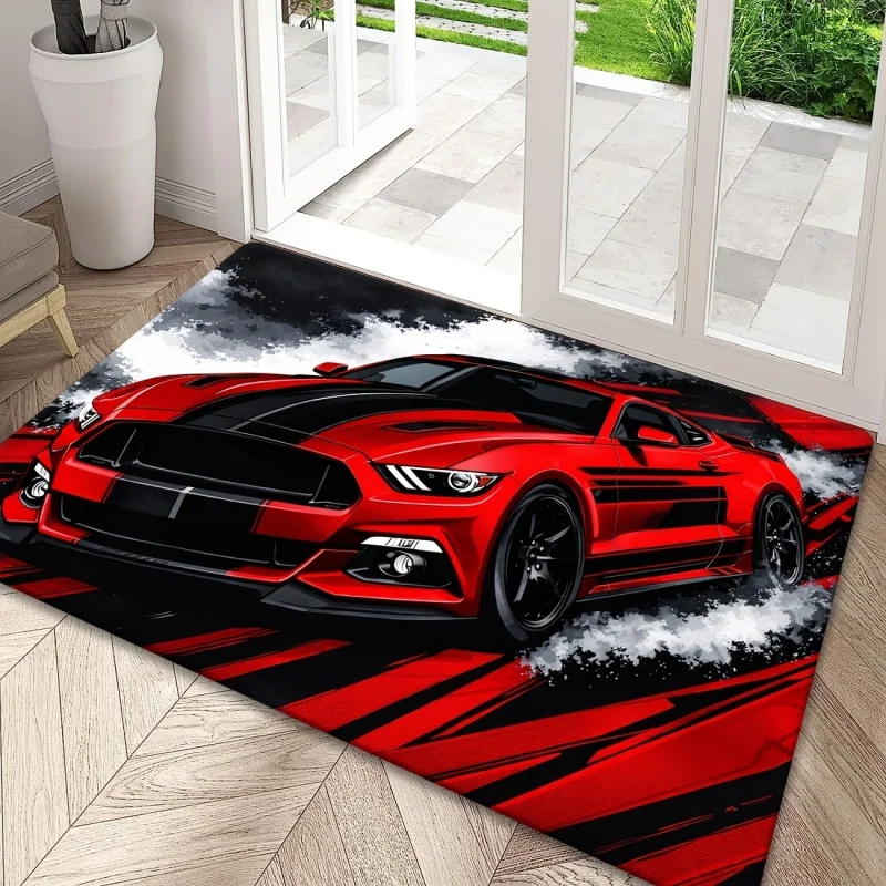 Red Black Sports Car Smoke Print Large Area Rug Soft Flannel Non Slip Floor Carpet for Living Room Game Room Boys Bedroom Decor