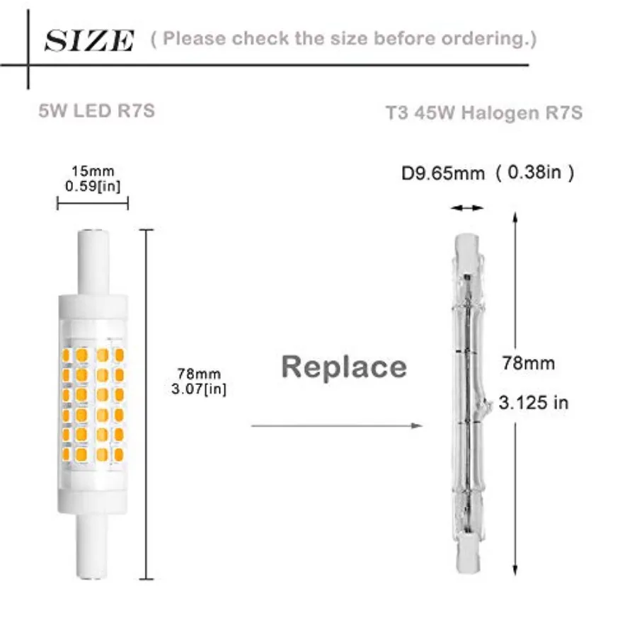 Dimmable 78mm R7S LED Light Bulb - Double Ended J78 T3 R7S LED Floodlight - 5W 45W Halogen Bulb Equivalent 3000K for Floor Lamp