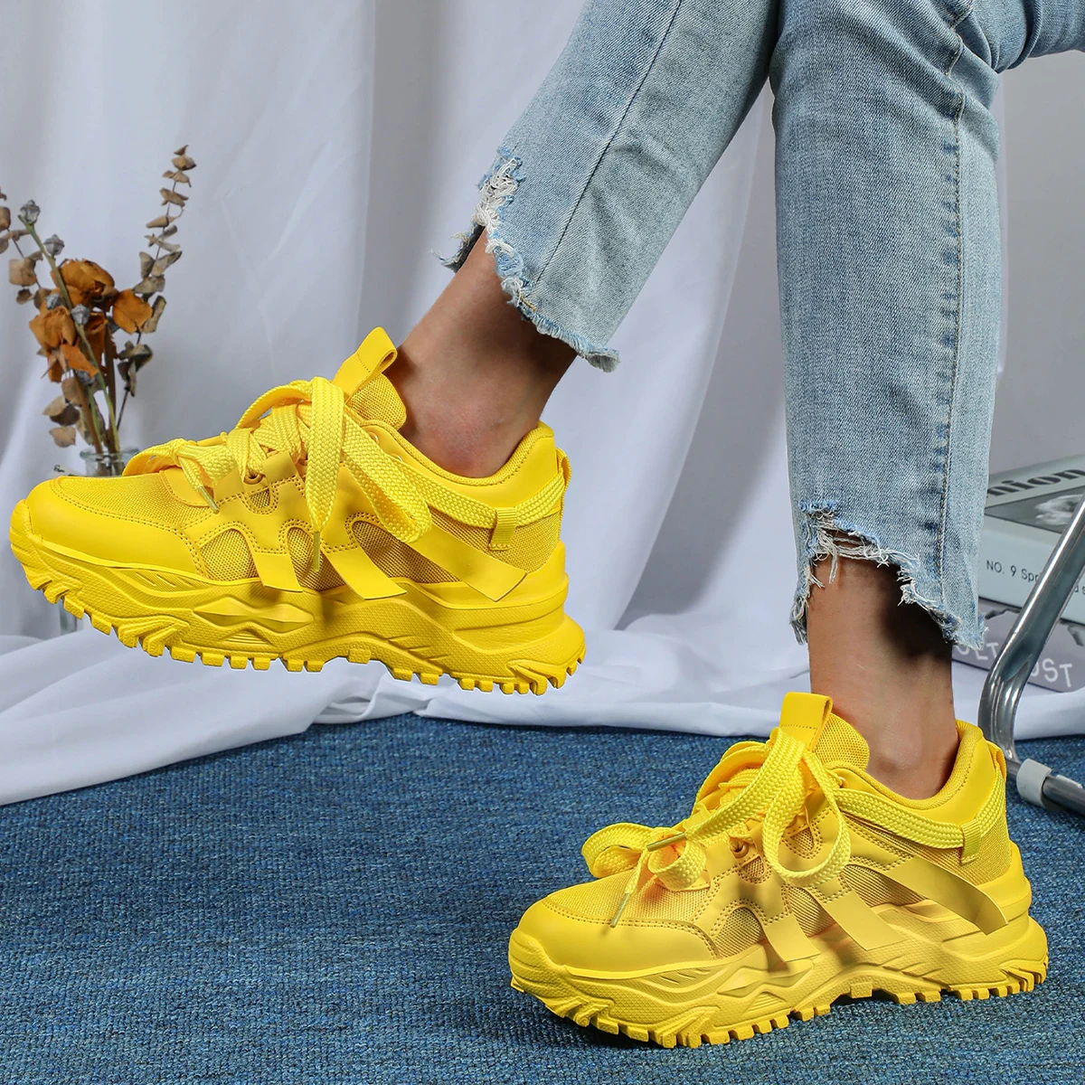 Yellow Women Shoes Fashion Luxury Origin Platform Chunky Casual Sneaker Autumn Sports Tennis Women Shoes Plus Size