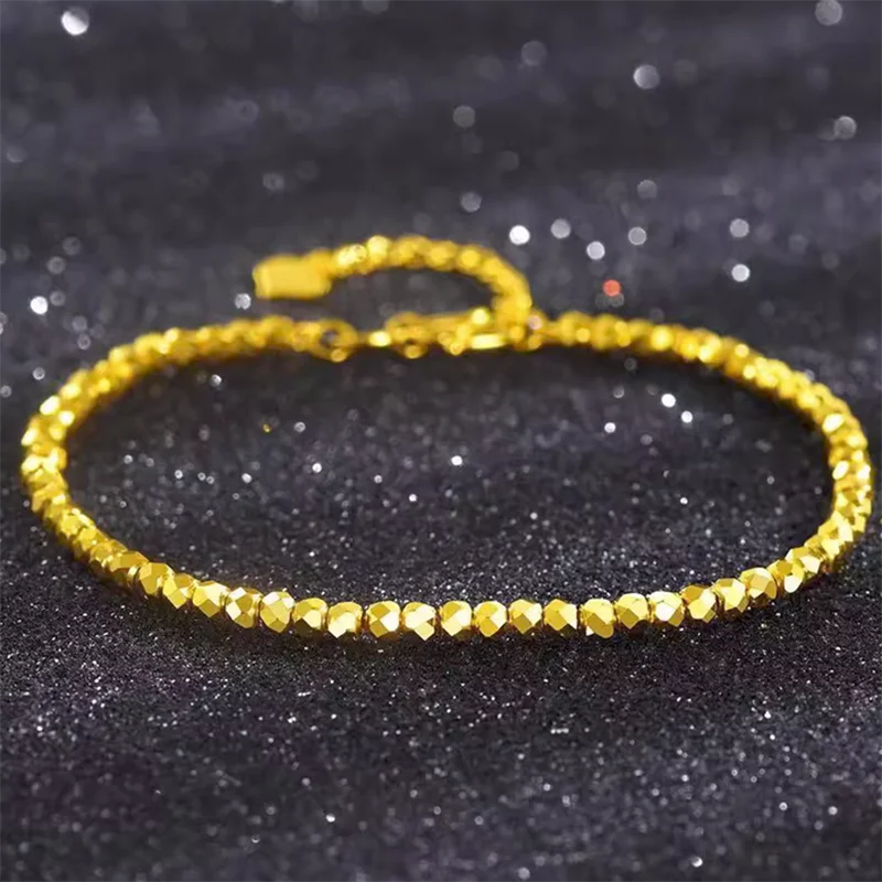 999 Pure 24K Yellow Gold Bracelet For Women 5G Crafts Carved Beads 3mm Bracelets 16cm add 3cm Extender /4.5g