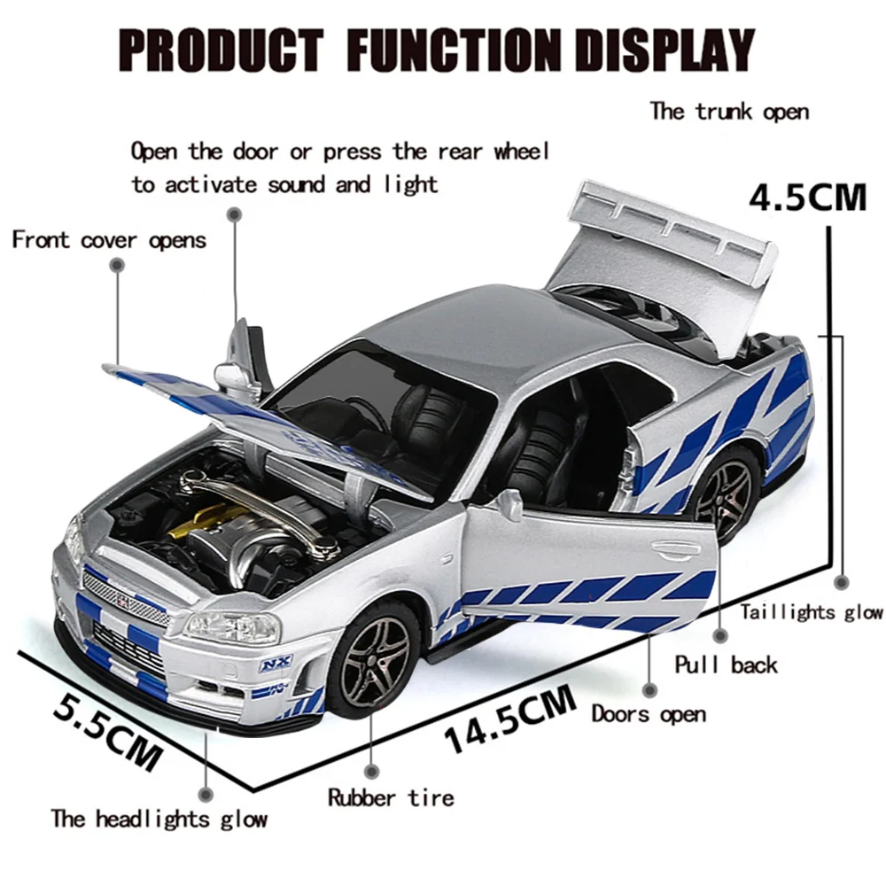 1:32 Simulation Skyline Ares GTR R34 Alloy Metal Diecast Sport Racing Car Model Cars Decoration Children Toy Christmas Gift Boy