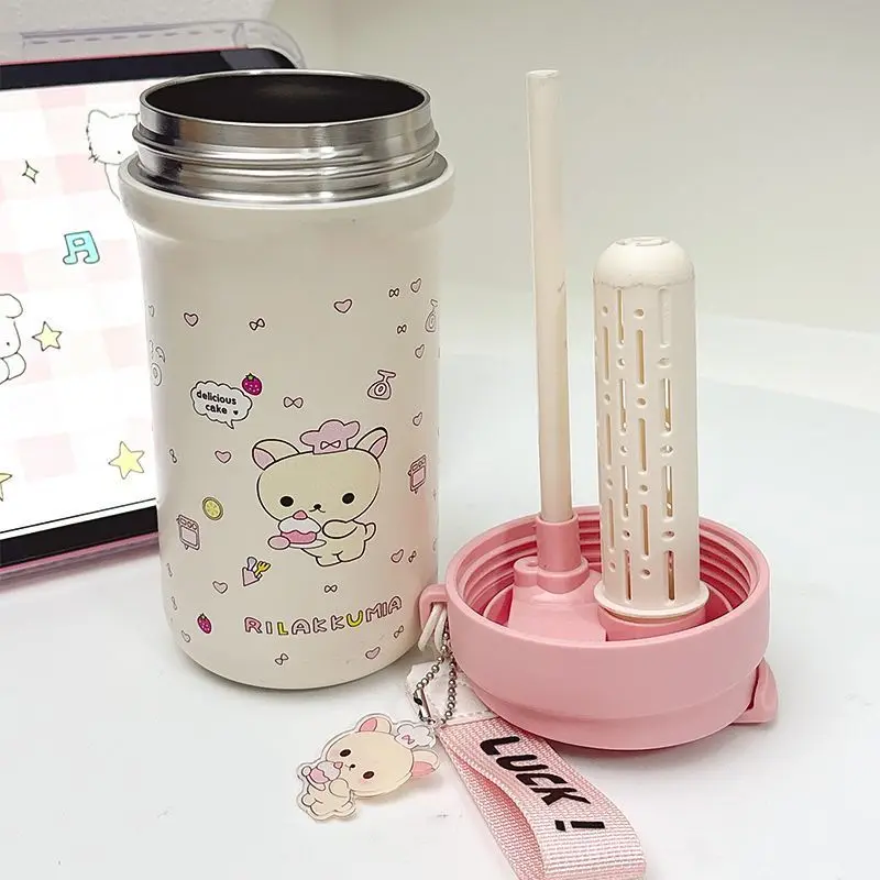 

Sanrio Rilakkuma Water Cup Double Drinking Straw Insulated Cup Anime Cartoon Cute Student Large Capacity Cup Girl's Gifts Toys
