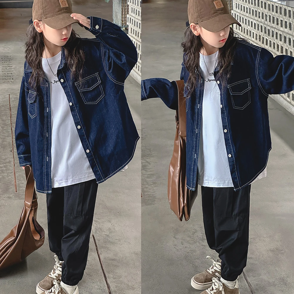 Rolanko Girls Denim Coat Oversized Button Down Shacket Long Sleeve Jean Shirt Jacket Tops with Pocket 5-14 Years image 3