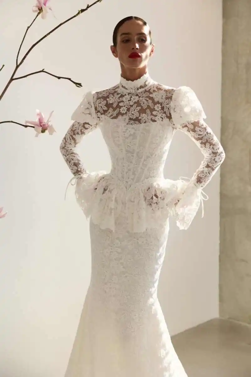 Elegant Mermaid Wedding Dress Long Sleeve High Collar Applique Lace Bride Gown Customized Vestido De Novia