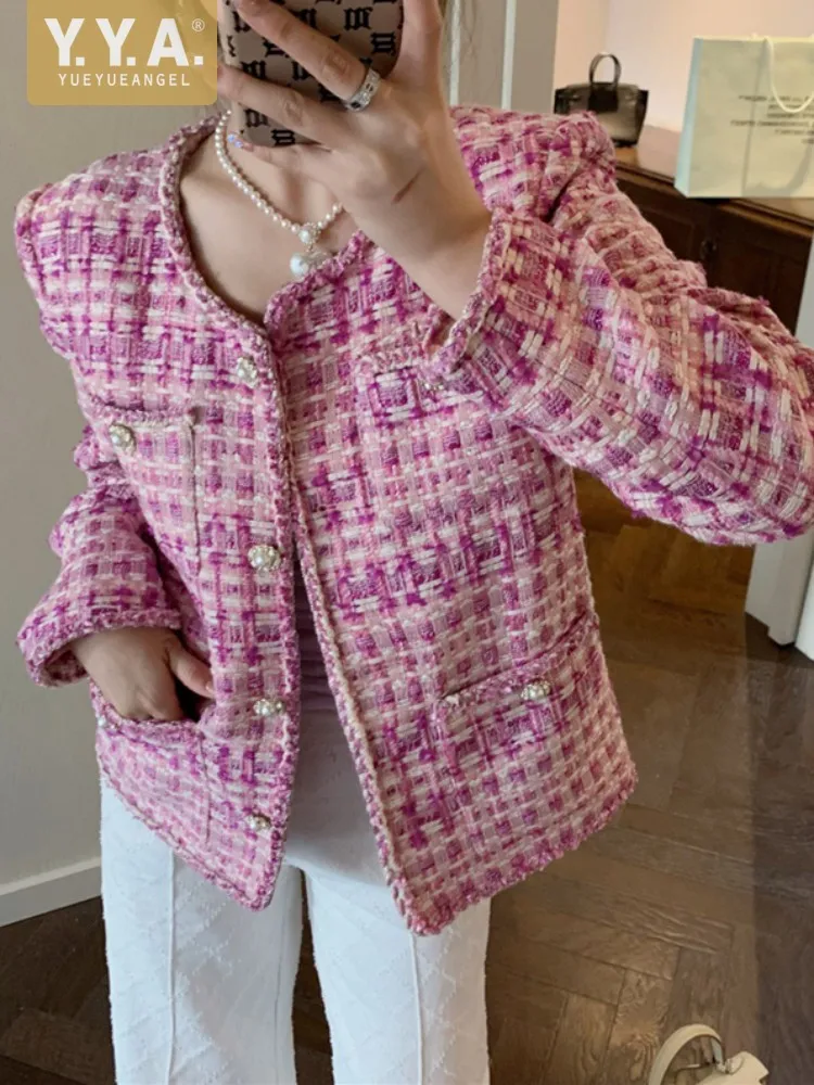 Office Lady Pink Tweed Plaid Jacket O-Neck Elegant Long Sleeve Autumn Winter Outerwear Single Breasted Fashion Women Short Coat