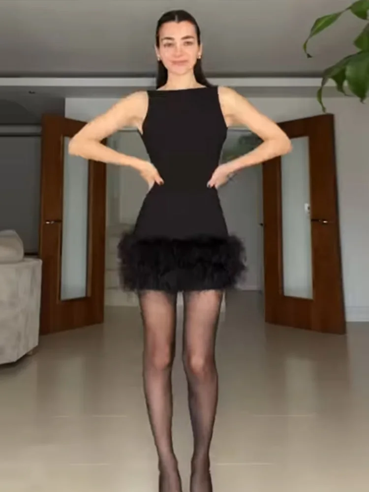 Elegante vestido de pele preta sem mangas feminino fino retalhos cintura alta vestidos retos moda sem costas o pescoço sólido robe