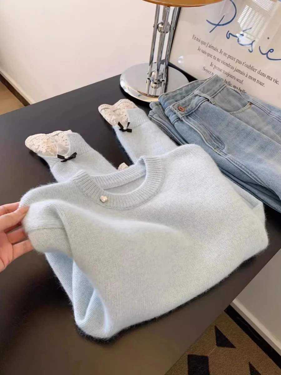 Blue Knitted Sweater Women's Inner Lace Trim Soft Sweet Pure Desire Gentle Style Fall Winter Warm  Knot Knit Top