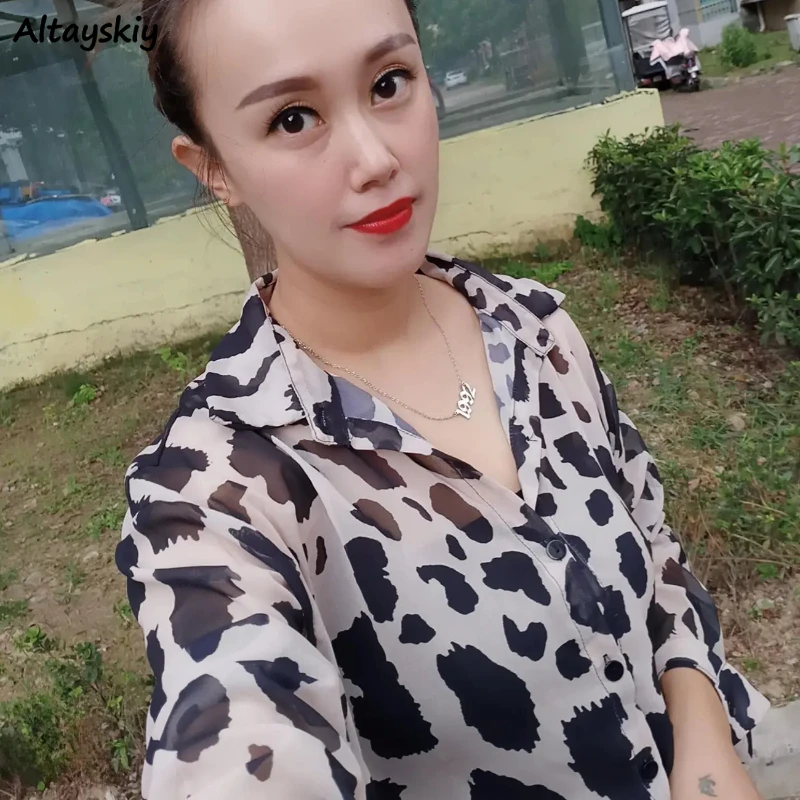 빈티지 블라우스 여성용 레오파드 하라주쿠 여름 자외선 차단 통기성 좋은 루즈핏 탑 우아한 울짱 스트리트웨어 레저 인